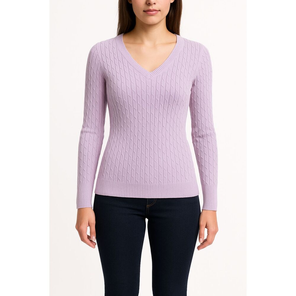 Talbots Purple Cable Knit V-Neck Sweater Pima Cotton XS Preppy